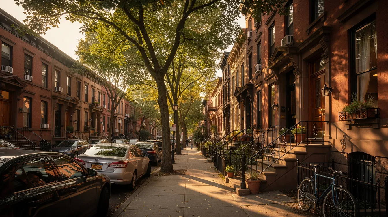 A picturesque brownstone-lined residential street in a Brooklyn neighborhood, featuring mature trees and charming stoops, reflects the character of Bedford Stuyvesant. This scene captures the essence of real estate activity in Stuyvesant Heights, highlighting the appeal of homes in this vibrant market.