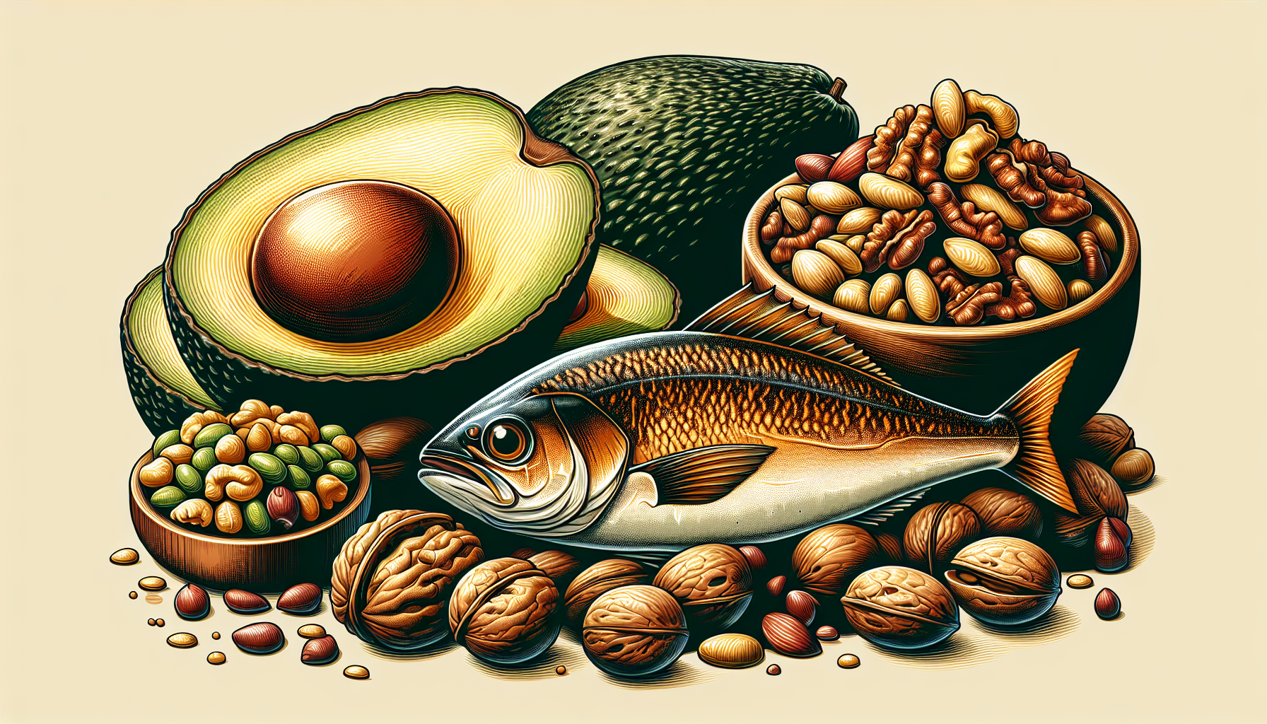 Illustration of high-fat foods like avocados, nuts, and fatty fish