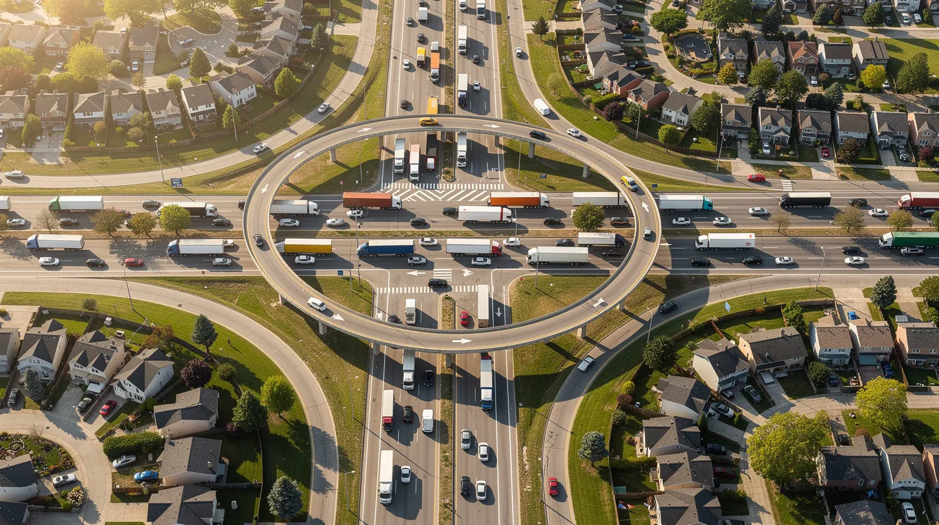 An aerial view captures a busy highway intersection filled with commercial vehicles, including large trucks, alongside nearby residential neighborhoods. This scene highlights the potential for truck accidents, emphasizing the importance of having a knowledgeable truck accident lawyer, especially in areas like Conroe, Texas, where such incidents can lead to serious injuries and significant legal implications.