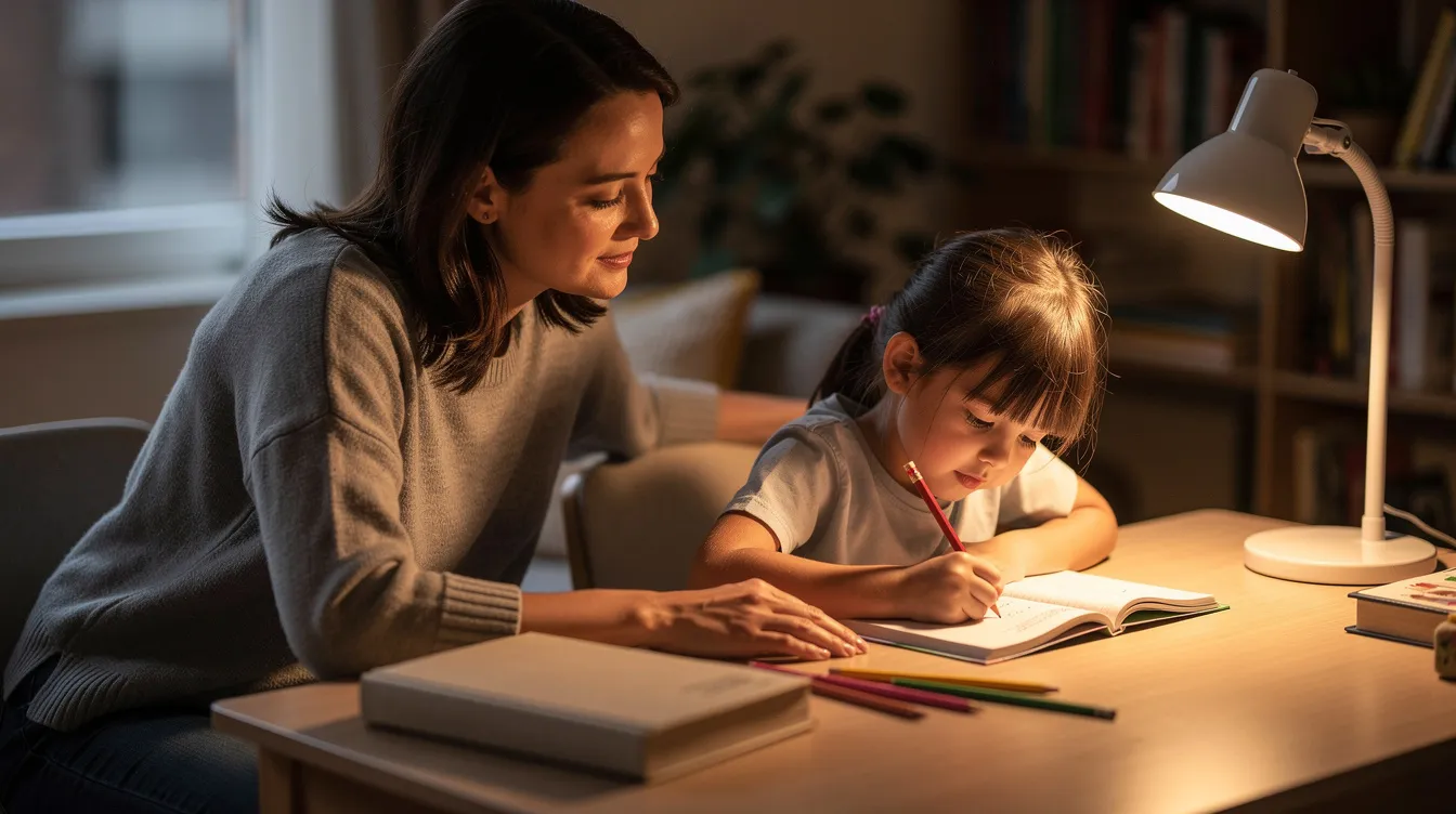 A parent is gently guiding a younger child at a study table, leaning back slightly while the child focuses intently on a single worksheet. This supportive environment encourages the development of independent learning skills and self-regulation, helping to reduce homework battles and fostering academic achievement.