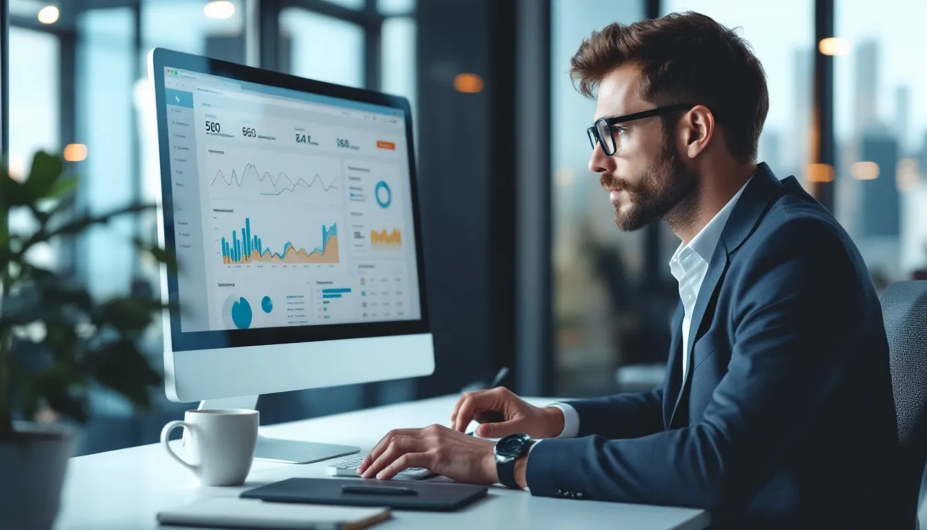 A business owner is intently reviewing SEO analytics and performance metrics on a computer screen, focusing on data related to organic search traffic and keyword research to improve rankings in search engines. The display shows various SEO tools and graphs indicating website performance, helping the owner strategize for better visibility in Google search results.