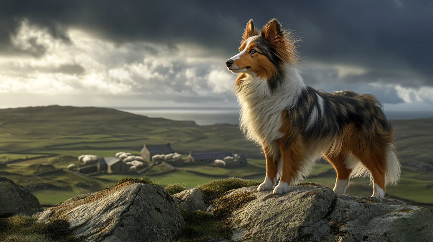 An historical image of the Shetland Sheepdog with a backdrop of the Shetland Islands