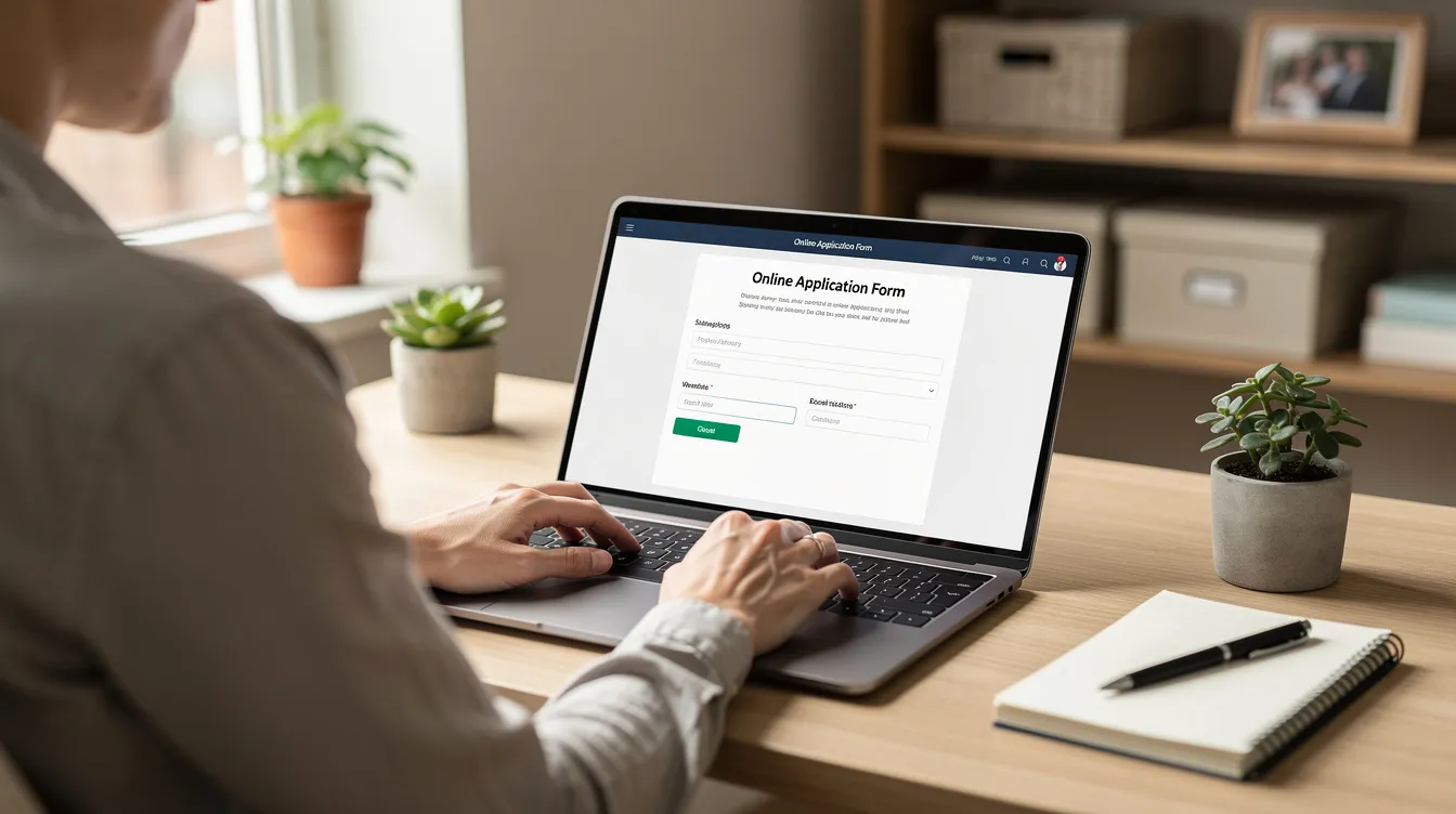 The image depicts a person sitting at a desk in a home office, focused on filling out a form on their laptop, likely related to their pan card application or income tax returns. The workspace includes a few documents and a cup, suggesting a productive environment for managing financial transactions and paperwork.