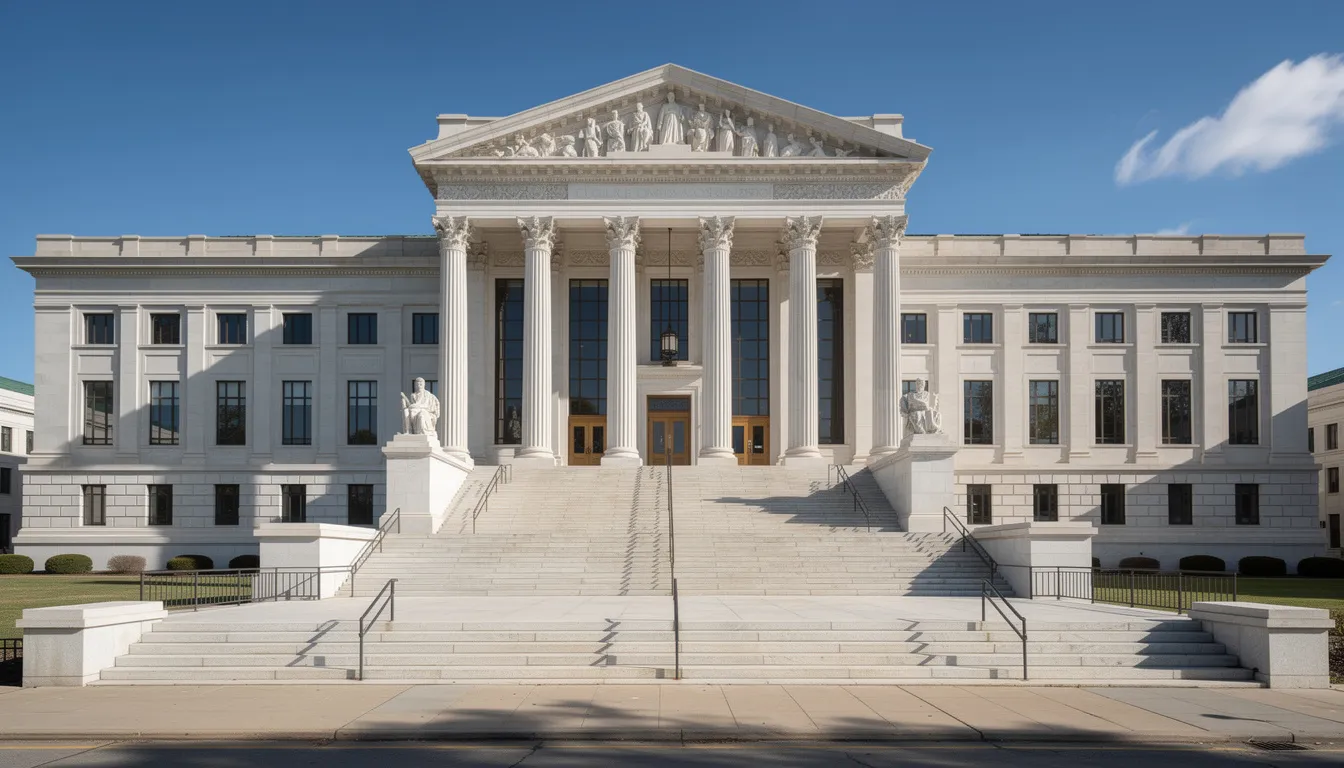 The image shows the exterior of a courthouse featuring grand columns and a wide set of steps, all under a clear blue sky. This setting is often where personal injury lawsuits are filed, as individuals seek justice for injuries caused by another party's negligence.