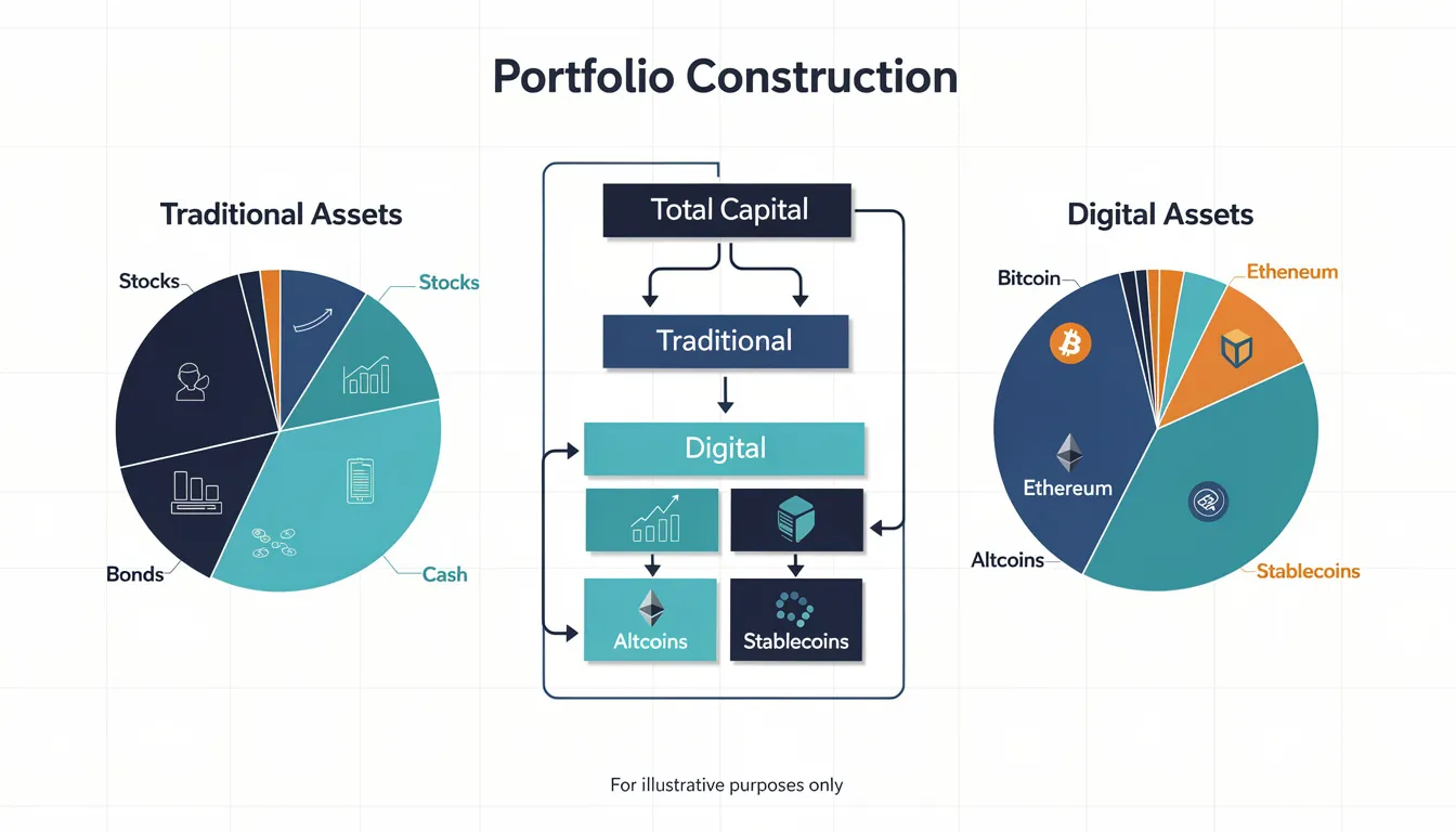 The image depicts a portfolio construction visualization that contrasts traditional and digital asset allocation strategies, highlighting the roles of institutional investors and asset managers in navigating market volatility. It illustrates various asset classes, including traditional assets and digital currencies like bitcoin, emphasizing diversification benefits and risk management in response to market conditions.