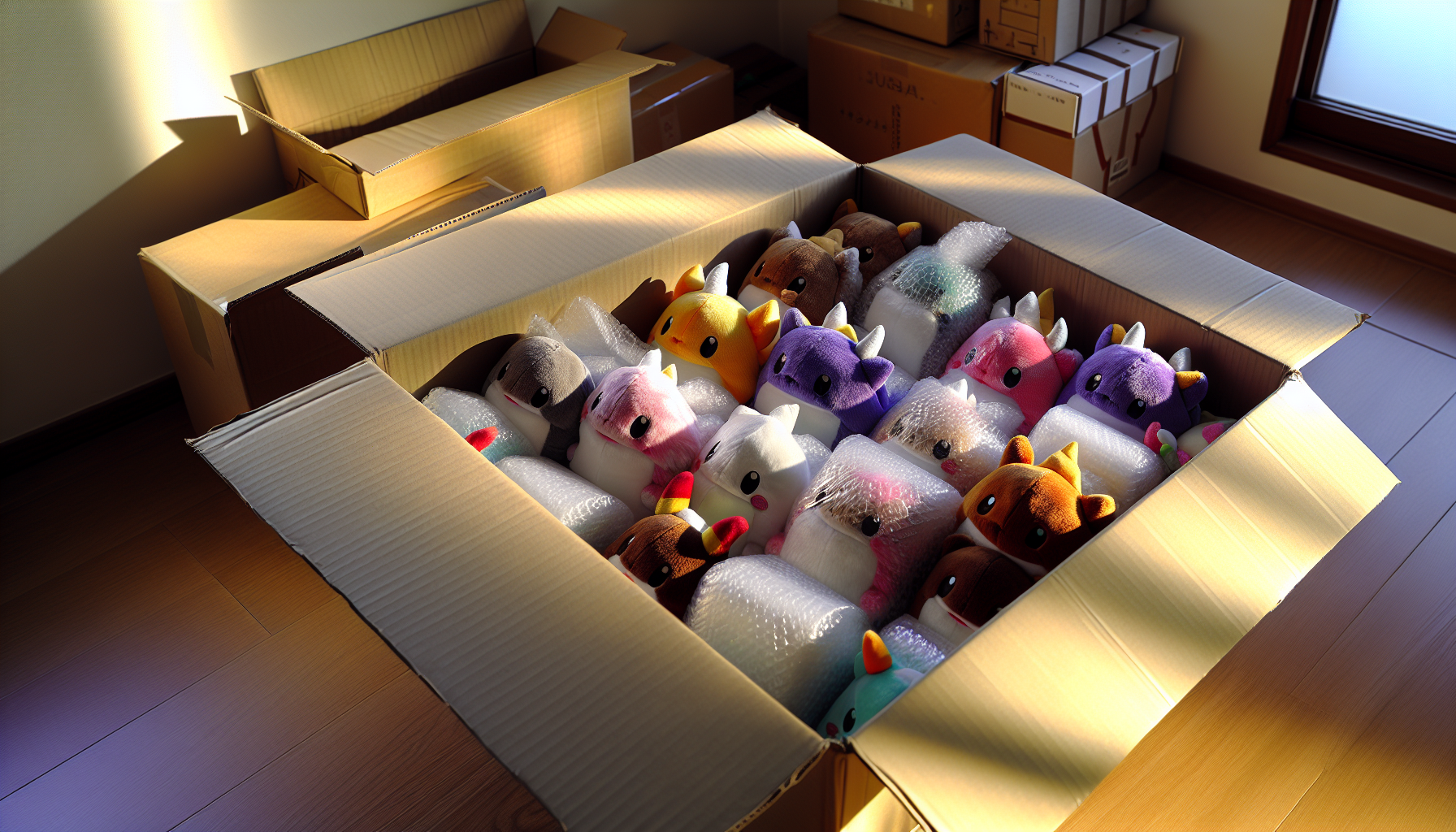 Carefully packaged plush toys ready for travel