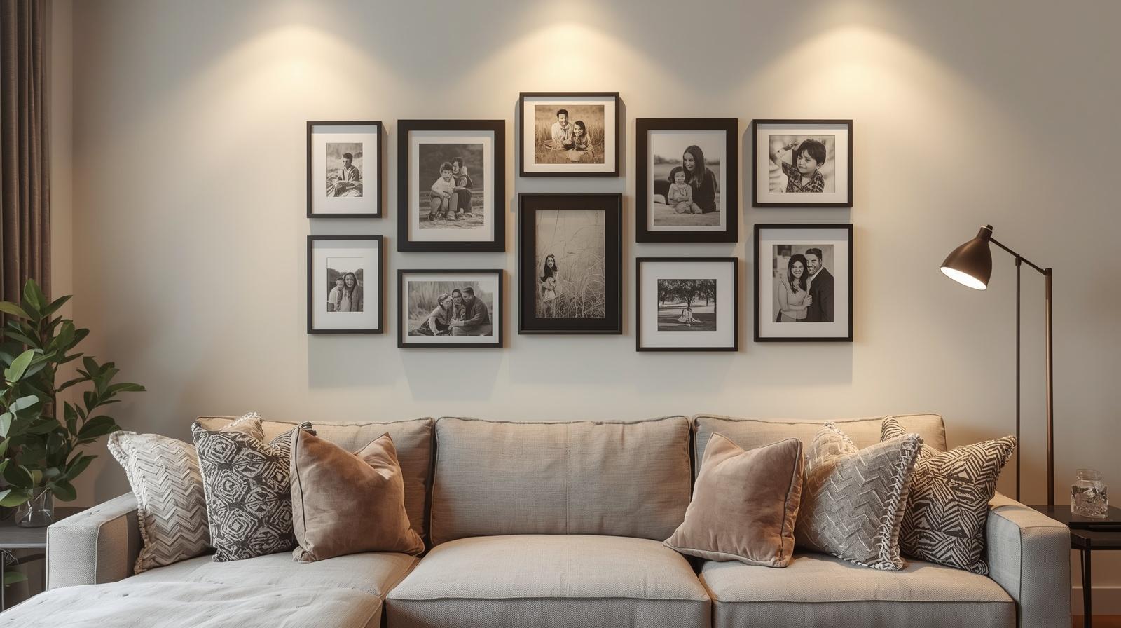 Family photo wall ideas above the sofa