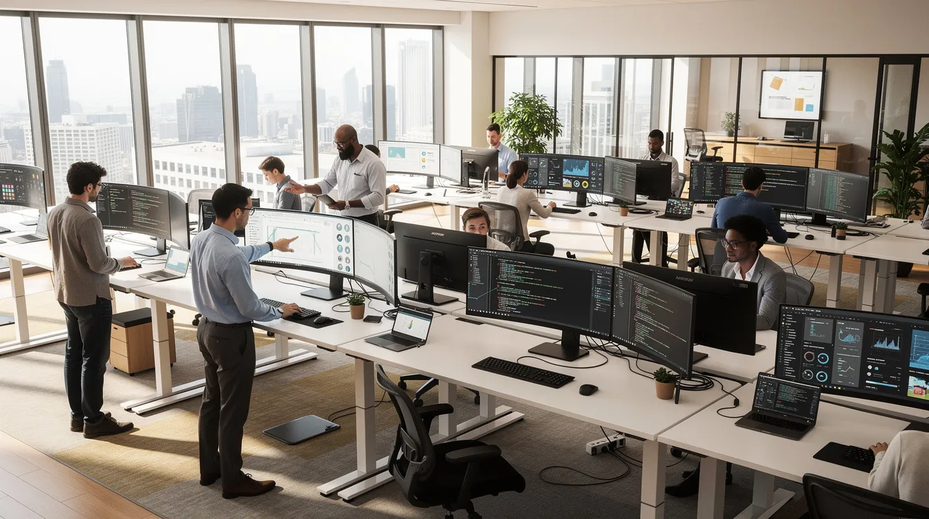 The image depicts a modern corporate office filled with technology workers at standing desks, each equipped with large monitors displaying code and software development tools. The atmosphere reflects a focus on productivity and innovation, showcasing the integration of AI coding tools in a vibrant workspace.