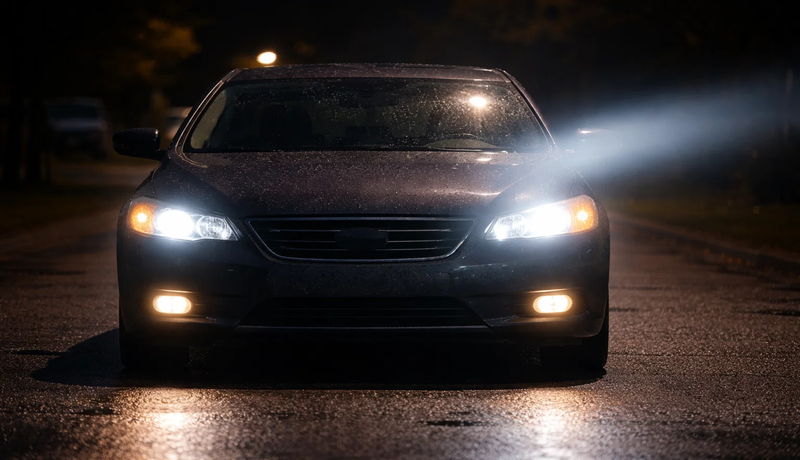 Car at light with misaligned headlights installed