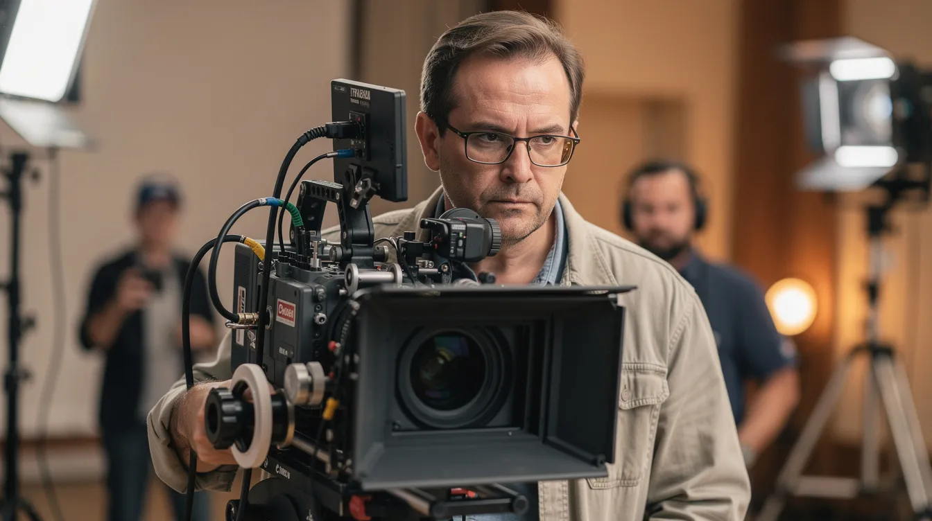 Ein Filmregisseur mit Brille steht hinter einer großen Filmkamera während der Dreharbeiten, sein konzentrierter Gesichtsausdruck zeigt die Ernsthaftigkeit der Situation. Im Hintergrund sind Crew-Mitglieder zu sehen, die an dem Psychothriller arbeiten, der möglicherweise an die Atmosphäre von „Shutter Island“ erinnert.
