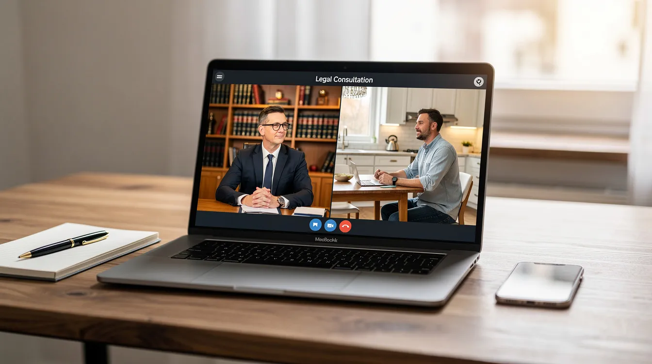 The image shows a professional video consultation taking place on a laptop screen, featuring a lawyer discussing the visa application process with a client. The conversation likely covers essential topics such as required documents, application forms, and the intended date for entering Spain.