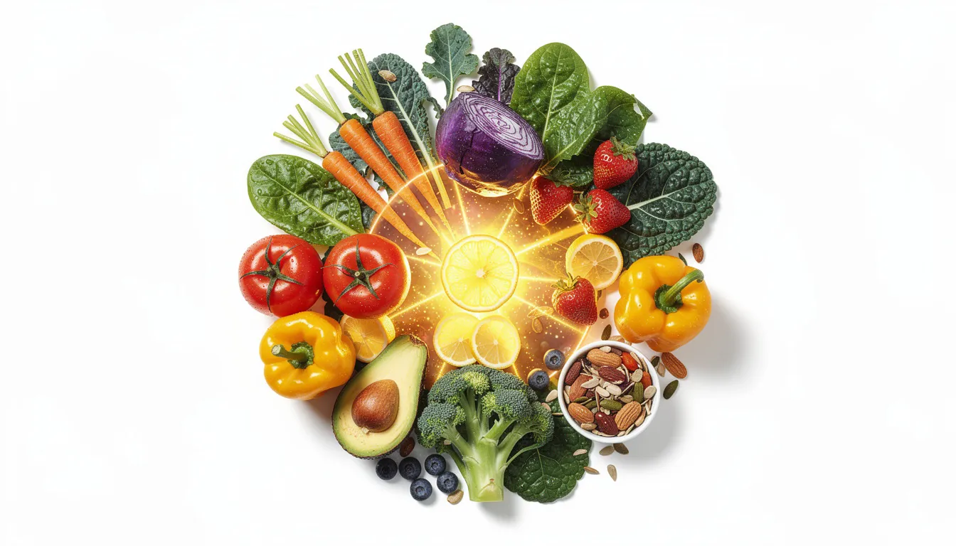 The image features an array of fresh vegetables and healthy foods, symbolizing cellular energy and vitality, essential for maintaining cellular health and promoting healthy aging. This vibrant display represents the longevity benefits of a nutritious diet, which can support mitochondrial function and reduce oxidative stress in the aging process.