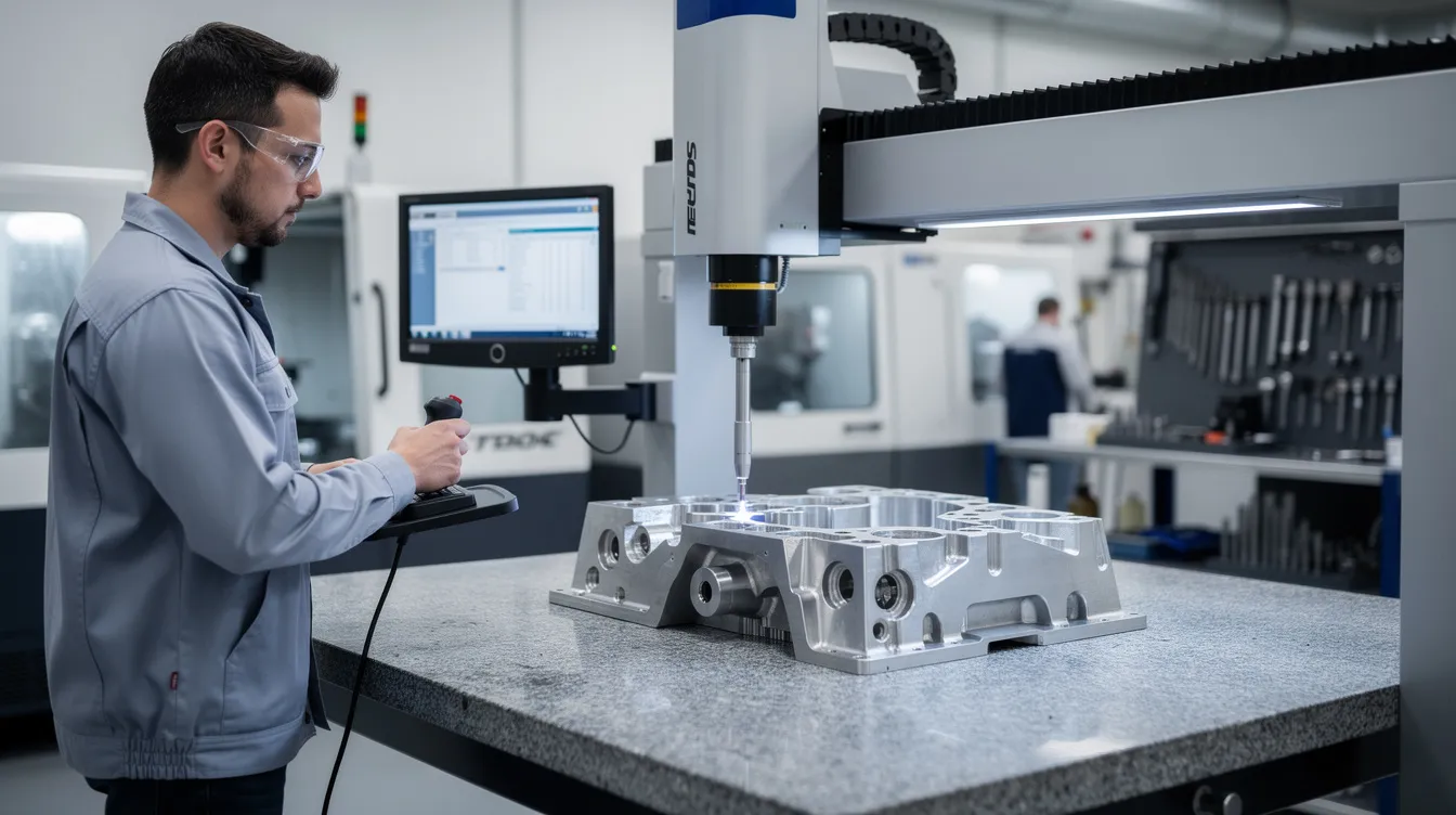 An engineer is inspecting a precision CNC-machined part using a coordinate measuring machine, showcasing the advanced technology employed in modern manufacturing processes. This scene highlights the importance of quality management and tight tolerances in CNC machining services.