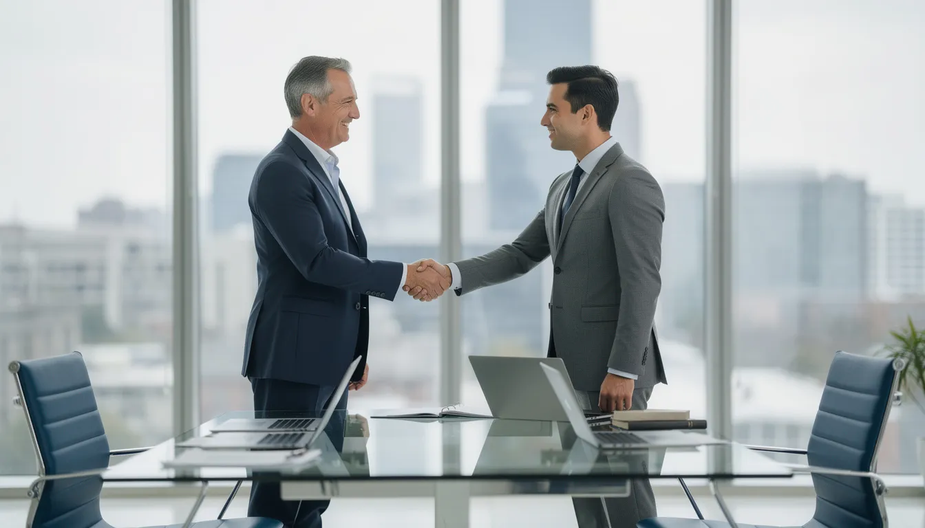 Na obrazie dwóch przedsiębiorców uścisnęło sobie dłonie podczas spotkania biznesowego, symbolizując nawiązanie przejrzystych relacji biznesowych. W tle widoczny jest stół konferencyjny, co sugeruje dyskusję na temat usług faktoringowych i utrzymania płynności finansowej.