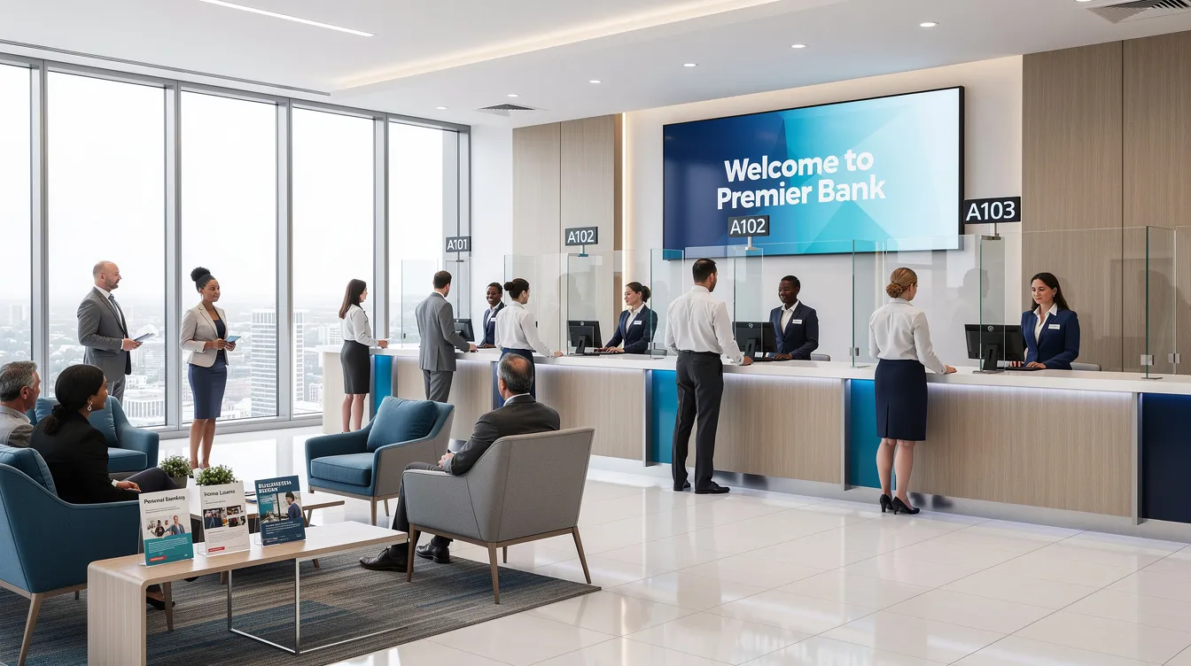 The image depicts a modern bank branch interior in Thailand, bustling with customers being served at service counters. Various banking services are being provided, including account opening for Thai bank accounts, foreign currency deposits, and bill payments, highlighting the convenience of everyday banking in a vibrant atmosphere.