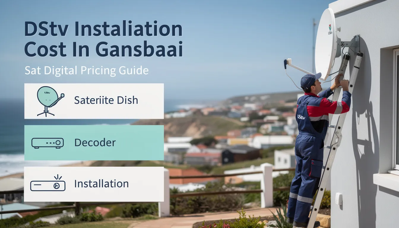 The image features a pricing guide for DStv installation services in Gansbaai, highlighting various options for professional DStv installation, including decoder installation and satellite dish alignment. It emphasizes the competitive prices and efficient services provided by accredited DStv installers in the area.