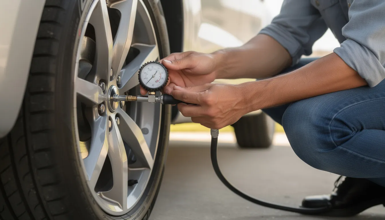 Een persoon controleert de bandenspanning van een auto met behulp van een drukmeter. Het is belangrijk om regelmatig onderhoud te plegen, zoals een grote beurt, om ervoor te zorgen dat de auto veilig en efficiënt blijft rijden.