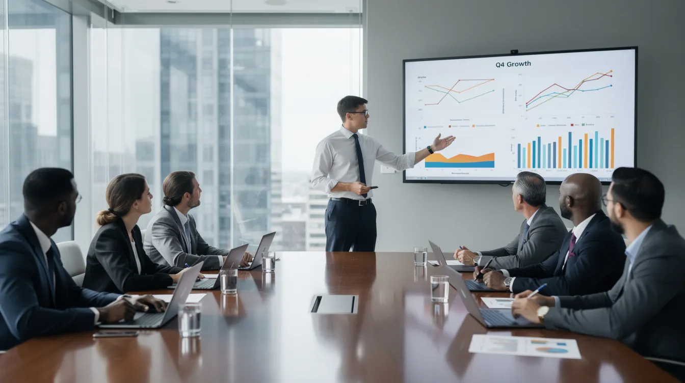 A professional entrepreneur stands confidently in a modern conference room, presenting a well-crafted pitch deck to potential investors. A large screen displays charts illustrating key metrics and market analysis, emphasizing the business model and growth potential of the startup.