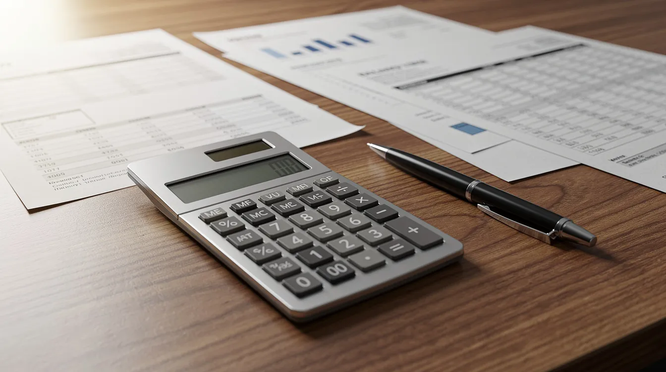 The image features a calculator, a pen, and various financial documents arranged on a wooden desk, suggesting a workspace focused on real estate investments and financial planning. This setup could be used for analyzing debt service coverage ratios (DSCR), rental income, and cash flow related to investment properties.