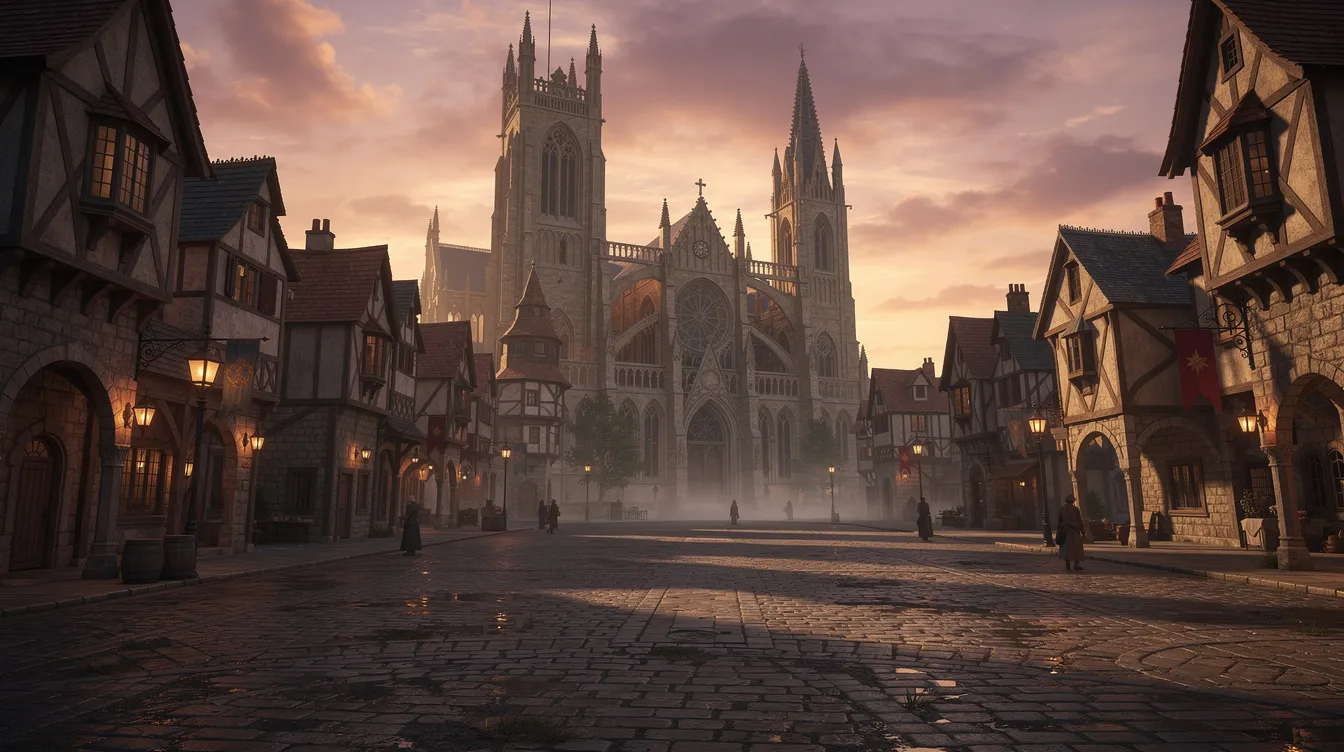 Vista panorâmica de uma praça medieval europeia ao entardecer, com torres góticas imponentes e uma atmosfera mágica. Este cenário remete à rica história da Polônia, evocando a beleza do centro histórico de Cracóvia.