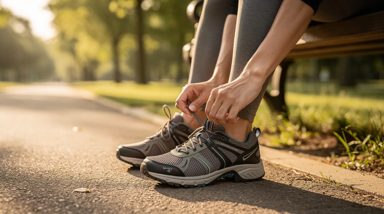A person is sitting on a park bench on a sunny morning, lacing up a pair of supportive walking shoes designed for comfort and stability, ideal for managing plantar fasciitis and reducing heel pain. The shoes feature good cushioning and arch support, making them a great choice for those with flat feet or high arches.