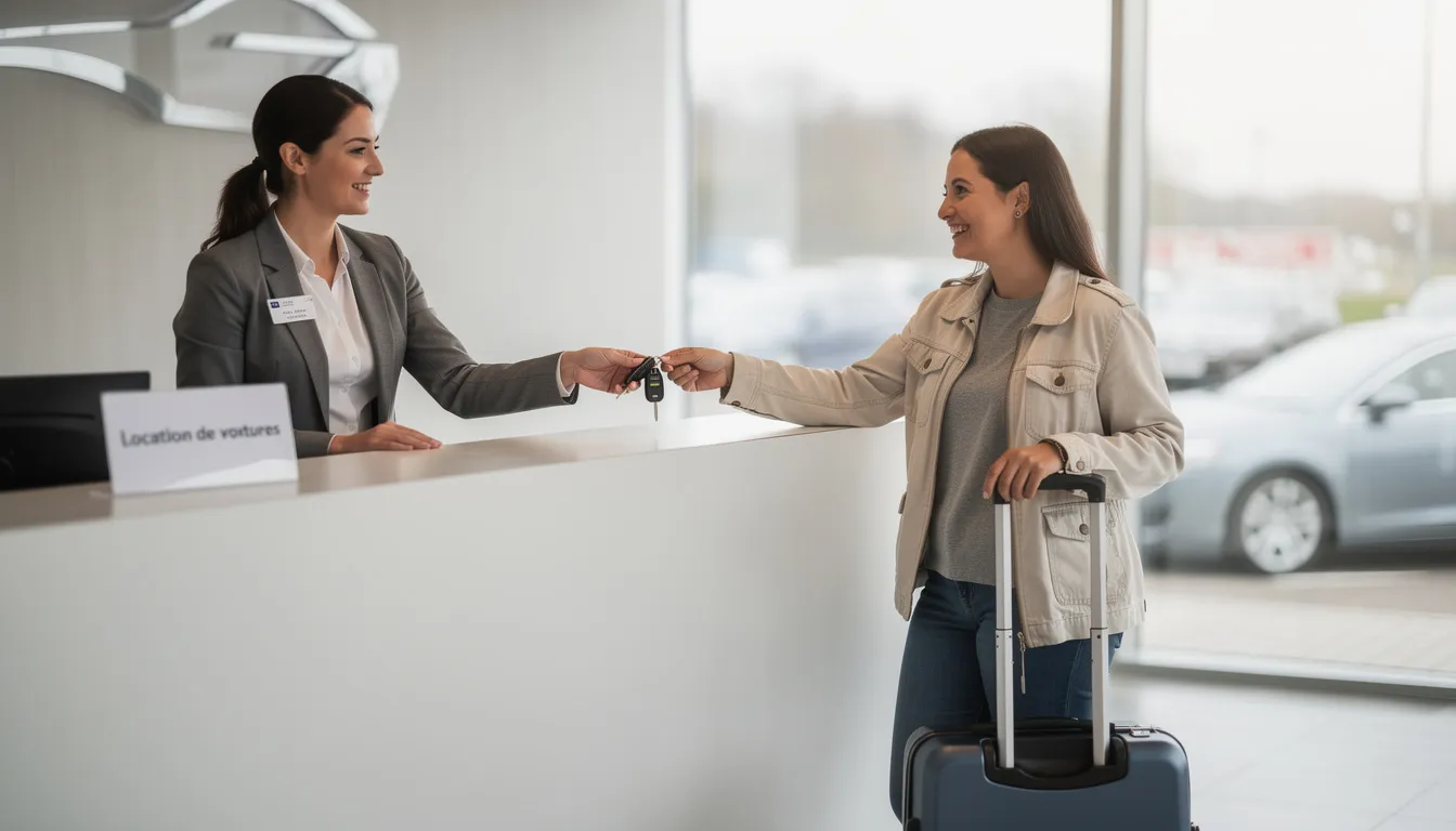 Un voyageur souriant rend les clés d'une voiture de location à un agent au comptoir, illustrant le processus de restitution du véhicule. On peut apercevoir une carte bancaire sur le comptoir, évoquant les questions de caution et de dépôt de garantie liées à la location.