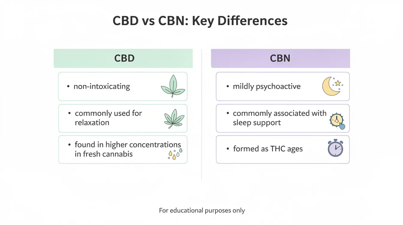 The image presents a visually appealing comparison of CBD and CBN, highlighting their key differences, health benefits, and potential effects on pain relief and sleep support. It features graphics related to cannabis and hemp plants, emphasizing their roles as non-psychoactive cannabinoids and their interactions with cannabinoid receptors in the endocannabinoid system.