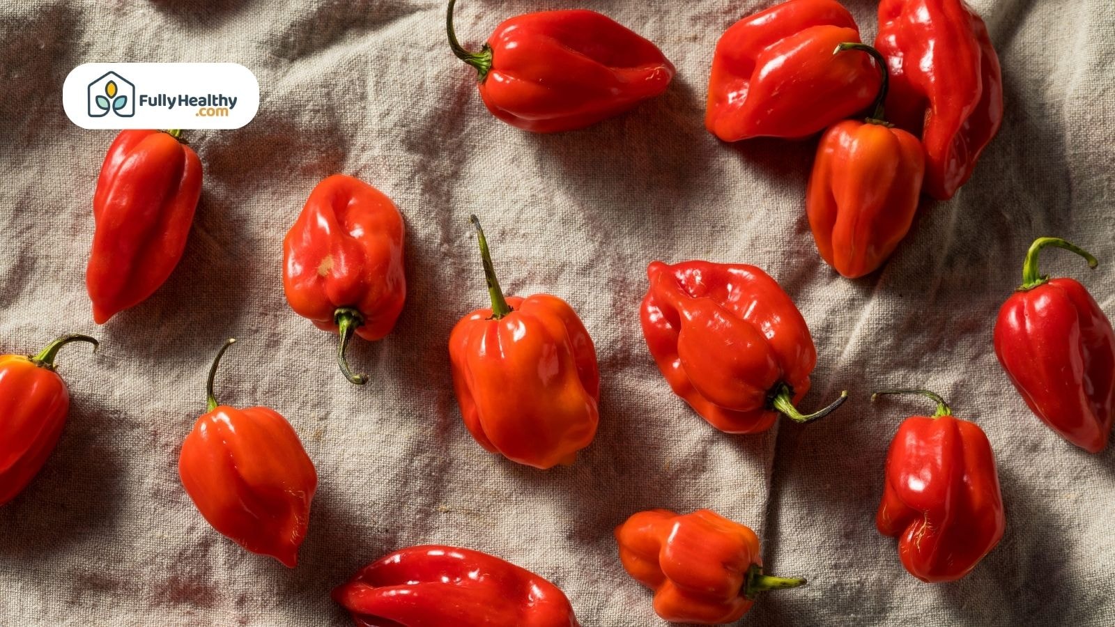 Red and orange habanero peppers arranged on textured cloth