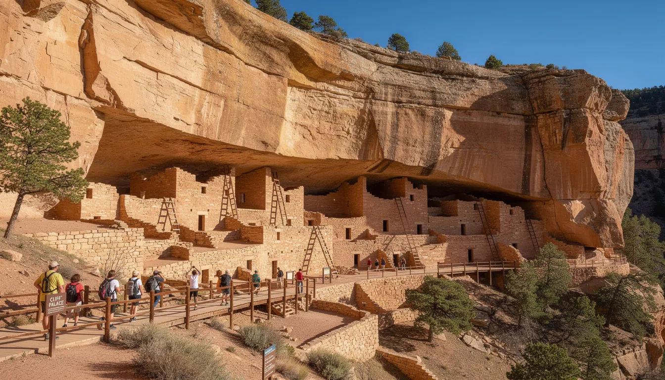 The image depicts the stunning cliff dwellings of Mesa Verde National Park, with visitors exploring the ancient architecture nestled within the cliffs. The scene captures the beauty of the natural landscape alongside the historical significance of these structures, inviting onlookers to appreciate both the cultural heritage and the surrounding environment.