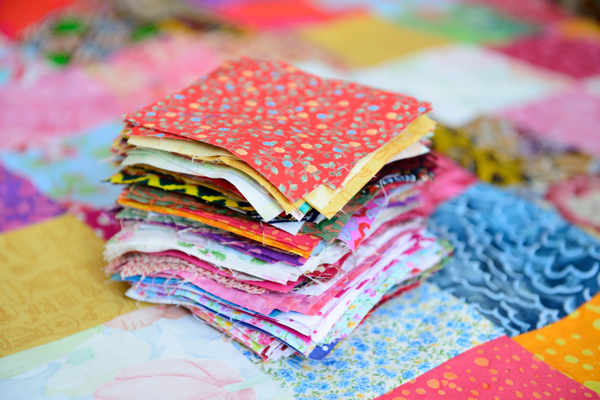 Colorful batik and woven fabrics for quilting