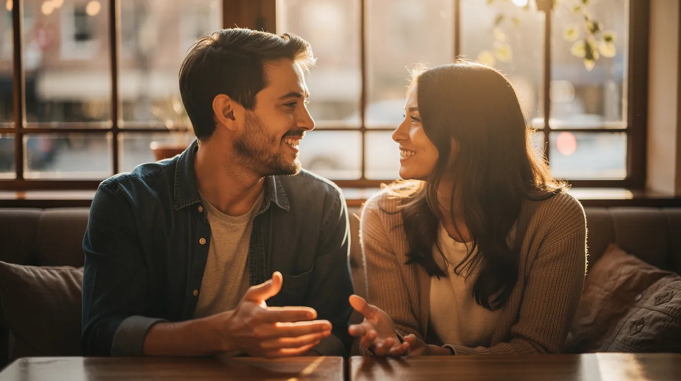 A happy couple is engaged in a deep conversation, smiling at each other as they share their thoughts and feelings, showcasing their emotional connection and healthy communication. Their interaction reflects a thriving relationship, where they feel valued and appreciated, reinforcing their bond during quality time together.