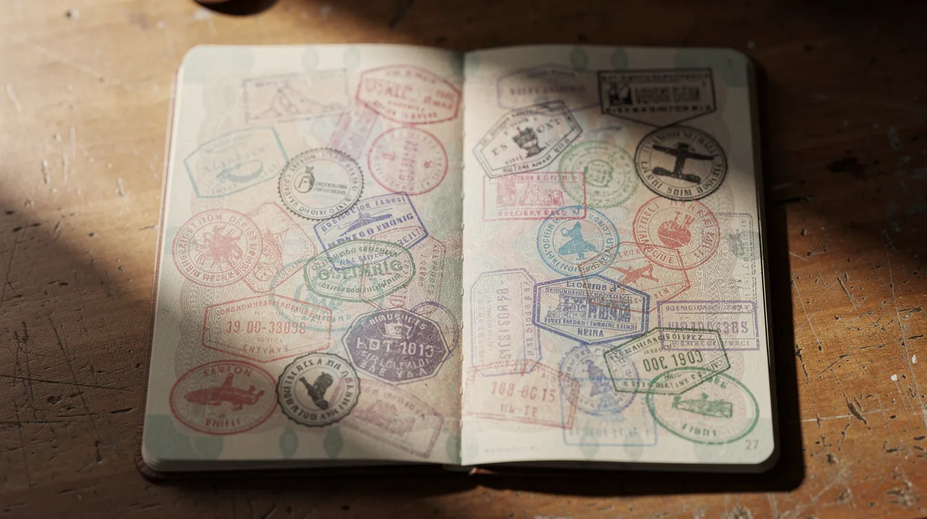 An open passport displaying multiple colorful visa stamps rests on a wooden desk, symbolizing various travel experiences and immigration approvals, including the Irish visa and British Irish visa scheme. The vibrant stamps represent entry into different countries, highlighting the importance of visa applications for travel within the European Union and the Schengen area.