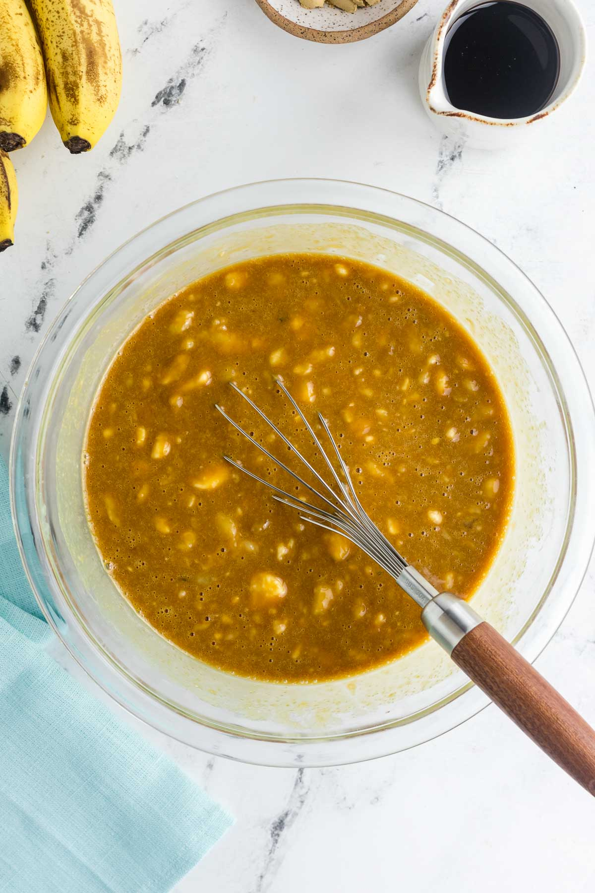 banana gingerbread wet ingredients mixed together in bowl