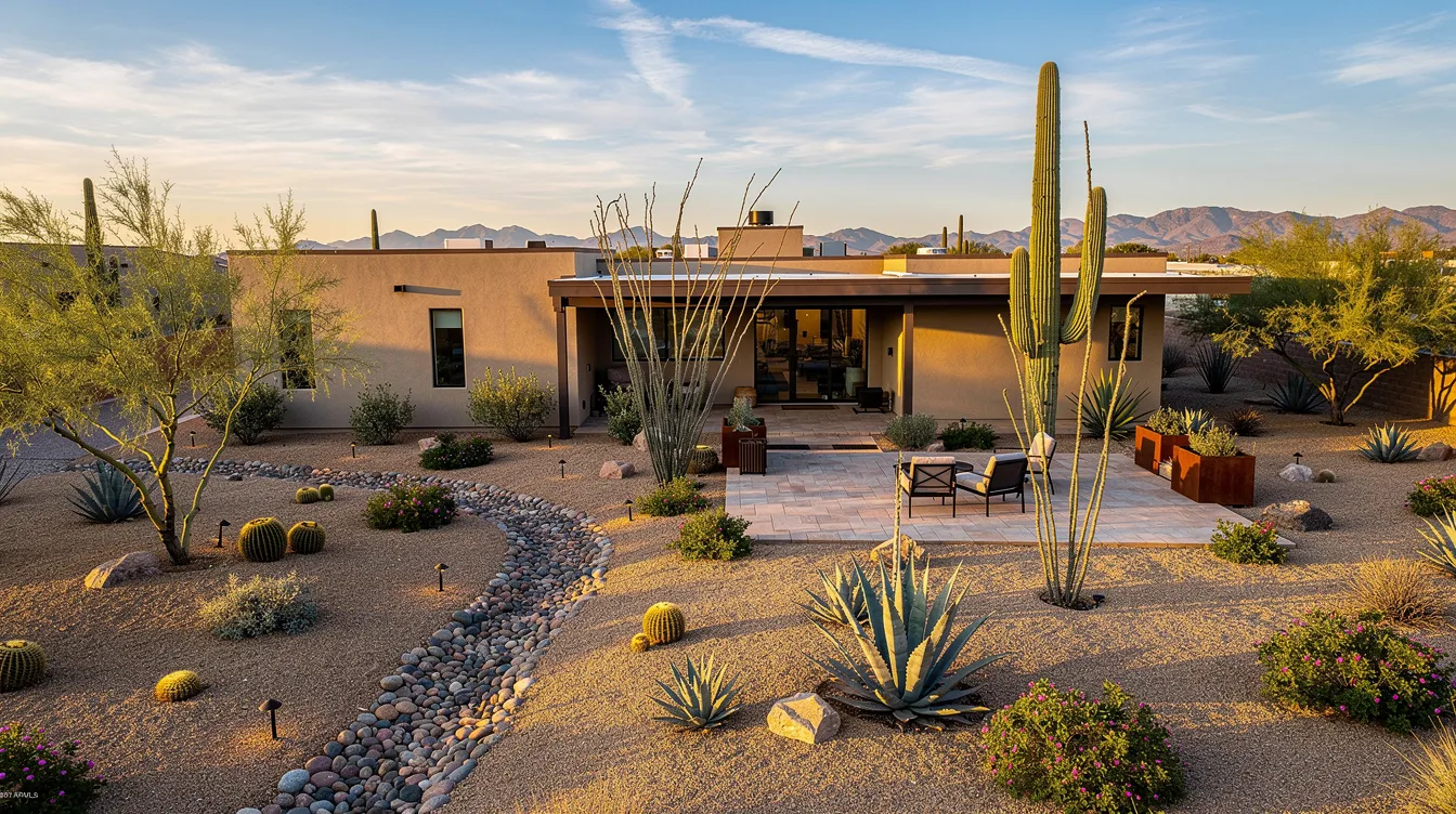 This image showcases a beautifully designed Arizona landscape featuring a variety of colorful flowers, ornamental grasses, and strategically arranged garden beds. The outdoor space includes a seating area surrounded by fruit trees and a white picket fence, creating a charming and inviting atmosphere.