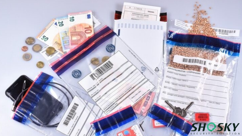 Tamper-evident security bags holding money, documents, and valuables