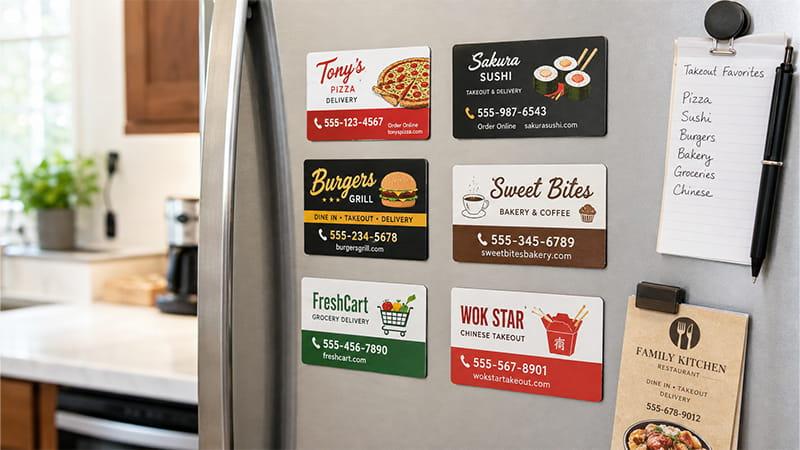 Magnetic business cards for restaurants and local services displayed on a refrigerator