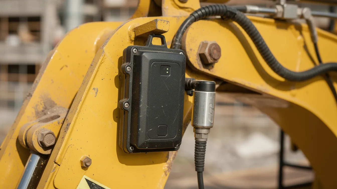 A close-up view of a GPS tracking device and sensor is mounted on the side of a yellow excavator arm, highlighting essential equipment management features for construction companies. This image showcases the integration of telematics data for real-time asset location and operational efficiency in the construction industry.