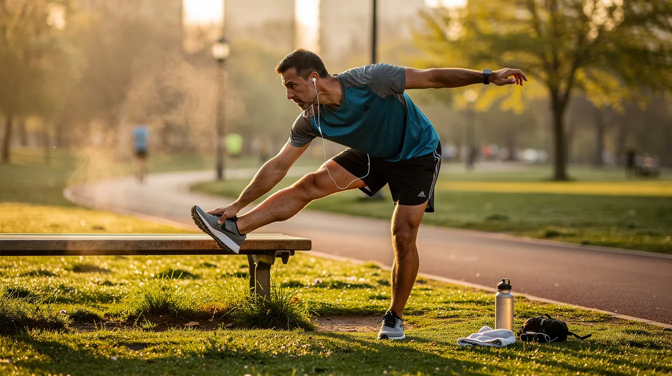 The image depicts a man in athletic wear stretching in a park after completing his morning workout, focusing on recovery and promoting overall health. This scene emphasizes the importance of exercise for boosting testosterone levels naturally and enhancing muscle strength, contributing to better energy levels and hormonal balance.
