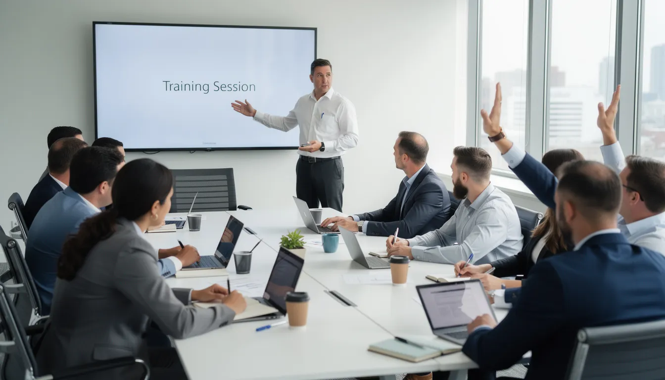 Na zdjęciu widoczna jest sesja szkoleniowa, w której prezenter prowadzi wykład, a uczestnicy intensywnie notują. Wszyscy zaangażowani są w proces zarządzania projektami, co może pomóc w skutecznym inicjowaniu i przygotowaniu projektów informatycznych oraz w efektywnym zarządzaniu dostarczaniem produktów.