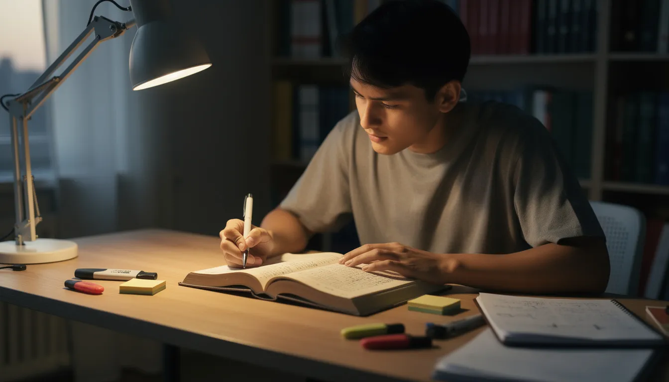 A focused individual is sitting at a desk, reading a study book, likely preparing for the Australian citizenship test. The scene suggests a commitment to understanding Australian values and history, essential for successfully passing the citizenship practice test.