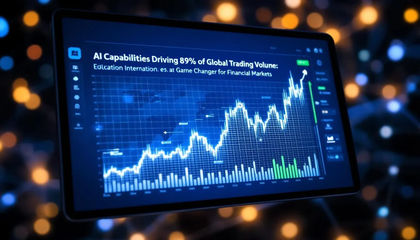 In the image, a digital representation of financial markets is depicted, showcasing various AI tools and algorithms that drive 89% of global trading volume. The visual emphasizes the integration of artificial intelligence, including machine learning models and natural language processing, in executing trades and analyzing market data for enhanced risk management and competitive advantage.