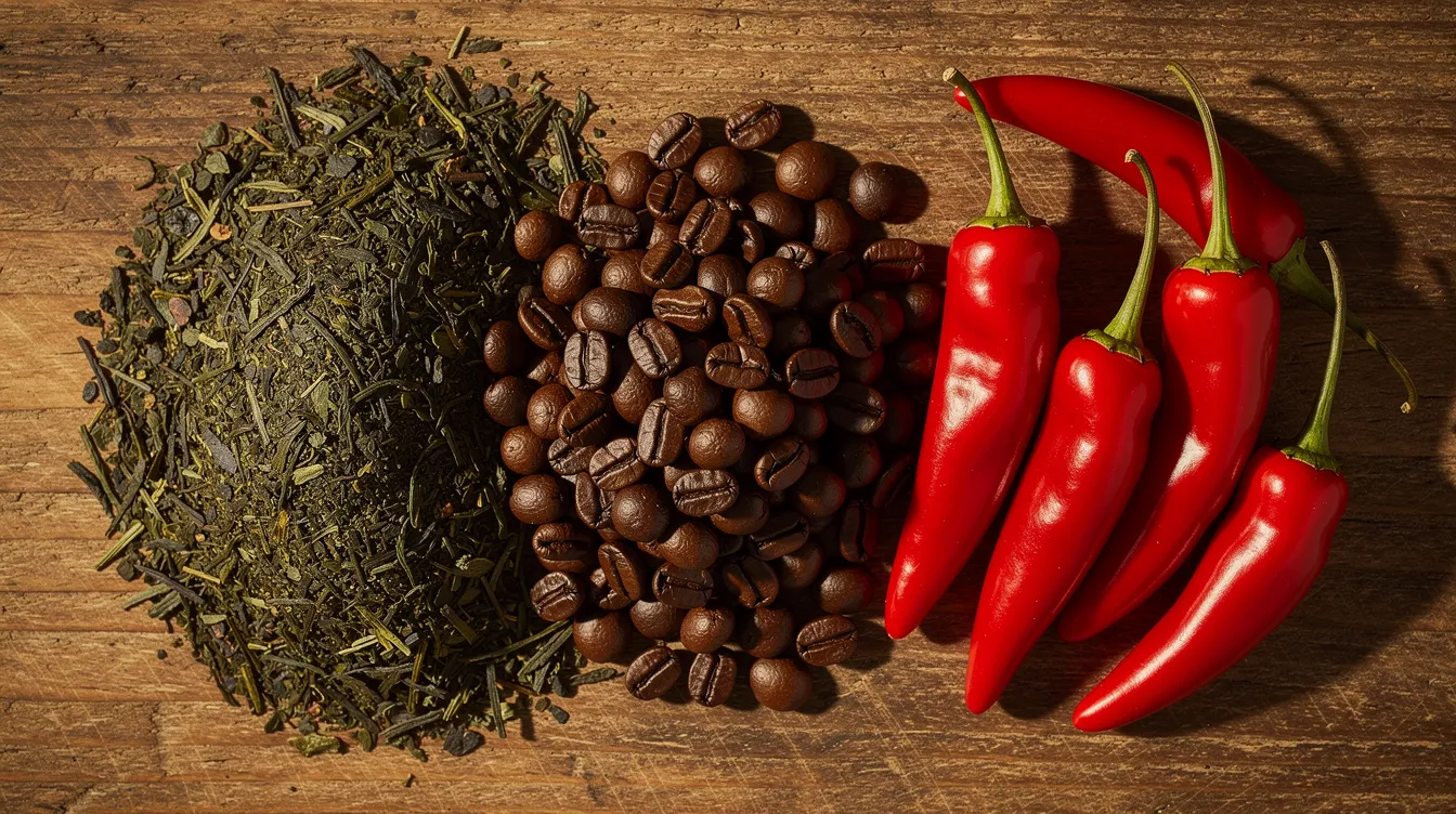 The image features an artistic arrangement of fresh green tea leaves, roasted coffee beans, and vibrant cayenne peppers on a rustic wooden surface, symbolizing natural ingredients that support weight loss and enhance fat metabolism. These elements are often associated with fat burning and energy boost in various dietary supplements aimed at improving body composition and promoting healthy metabolism.
