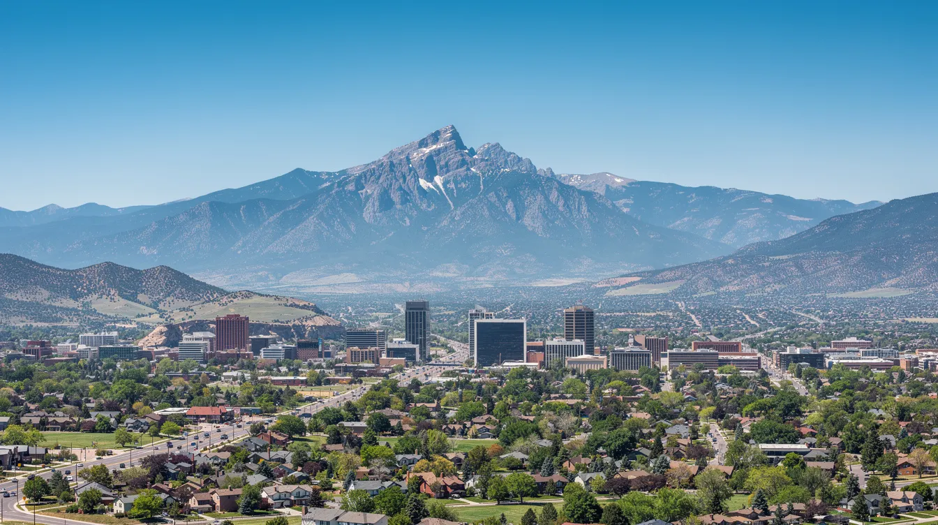 A panoramic view of Colorado Springs showcases the majestic Pikes Peak and the Rocky Mountains under a clear blue sky, highlighting the natural beauty of the area. This scenic backdrop serves as a reminder of the importance of seeking legal assistance from a Colorado Springs brain injury lawyer in cases of traumatic brain injury, especially for victims of motor vehicle accidents.