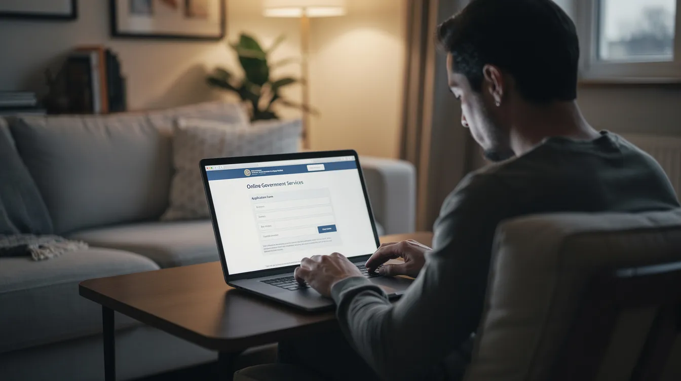 d9675069 210f 413a b6f9 df4a582ec27a A person is seated at a desk in their home, focused on filling out an online government form on their laptop. The scene suggests they may be applying for a mudra loan, as they navigate through various documents such as proof of business registration and transaction history.