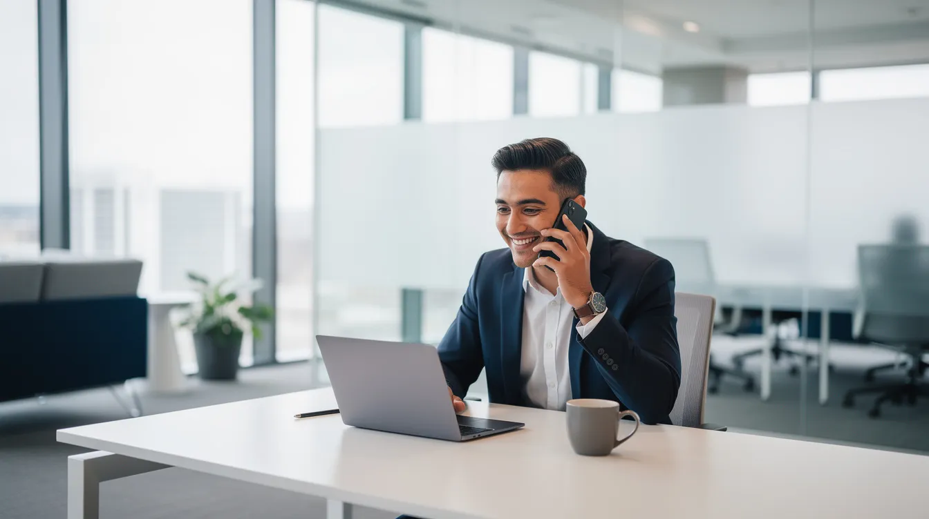 Una persona sonriente habla por teléfono en un moderno entorno de oficina, representando la interacción en un call center. La imagen refleja la satisfacción del cliente y la eficiencia en la atención, destacando el uso de tecnología e inteligencia artificial para mejorar las comunicaciones.