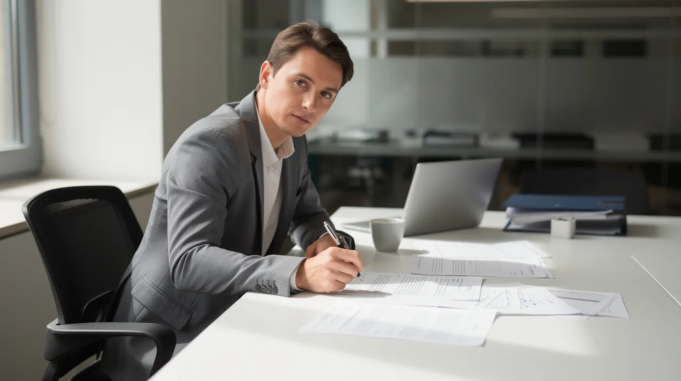 d96ed1df d5e6 4ecd ae8e 2f1599daf147 A person is sitting at a desk, reviewing printed documents with a pen in hand, likely assessing their financial situation related to a business loan. This scene could relate to the eligibility criteria for the Pradhan Mantri Mudra Yojana, as the individual appears to be preparing necessary documents for a loan application to support their micro enterprise.