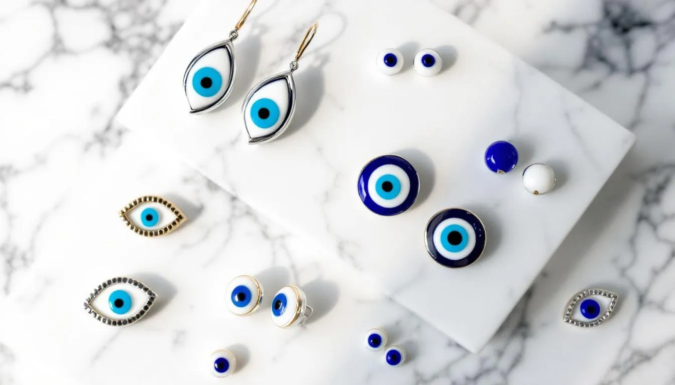 A collection of various evil eye stud earrings is elegantly displayed on a white marble surface, showcasing pieces crafted in yellow gold, white gold, and sterling silver, adorned with sparkling cubic zirconia and turquoise stones. These unique earrings serve as a stylish talisman, believed to bring good luck and protect the wearer.