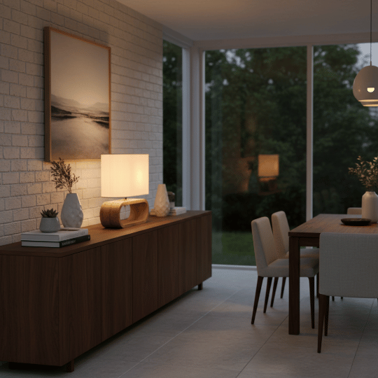 Dining room brightened by a warm table lamp on the sideboard, adding soft ambient light near the dining table.