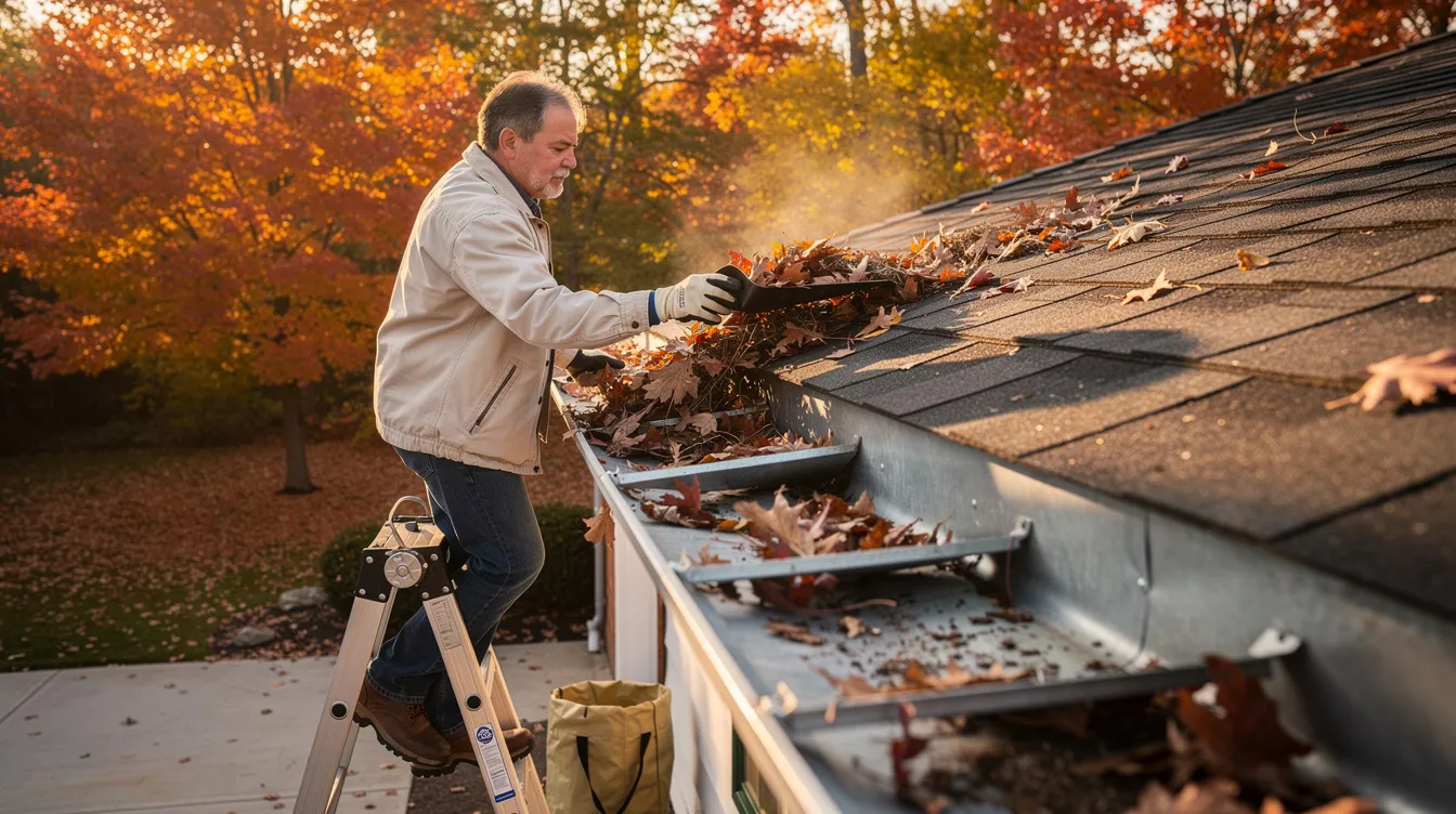 A homeowner is seen clearing leaves from gutters on a crisp fall day, ensuring proper attic ventilation and preventing ice dams that can lead to costly roof repairs. This regular maintenance is essential for extending the lifespan of asphalt shingle roofs, especially in Michigan's unpredictable weather.