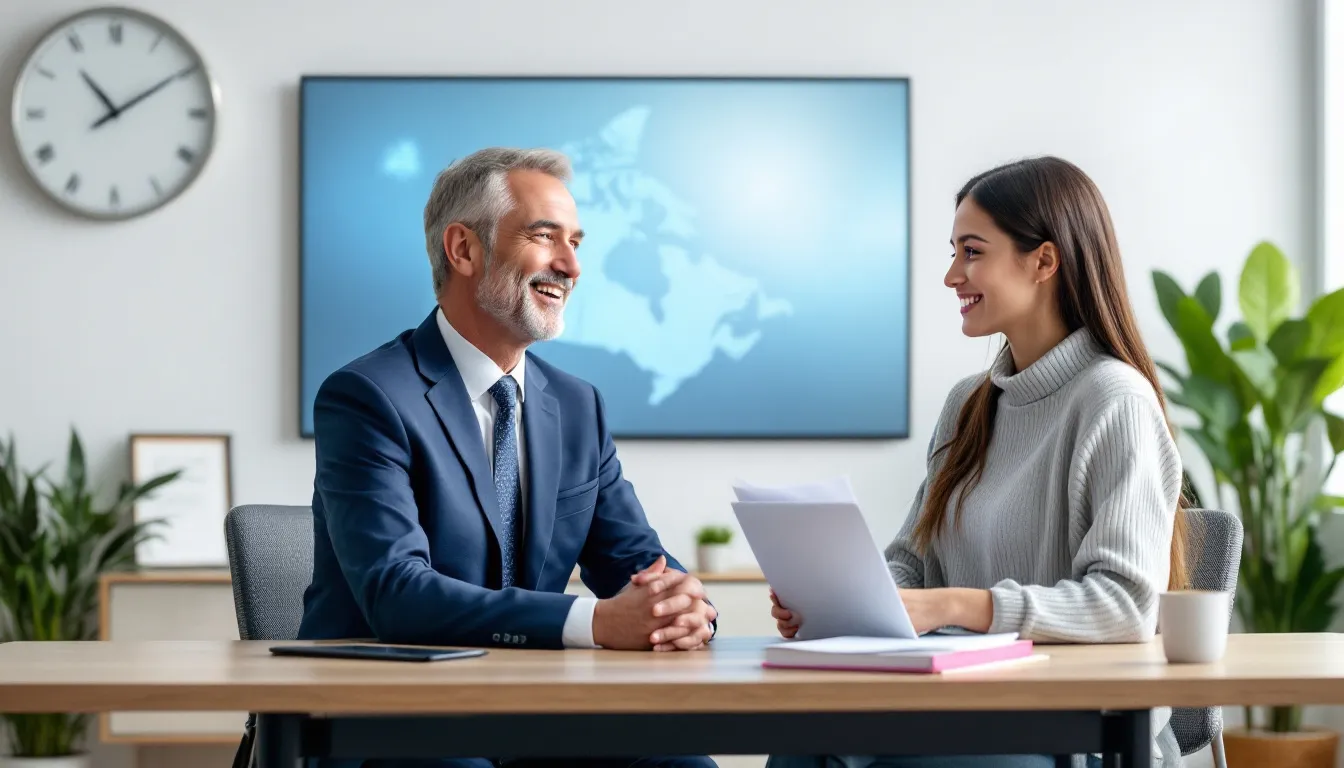 A professional consultation scene depicting an immigration consultant assisting a client with a Canada work permit application. Contact us for expert assistance with your Canada work permit.